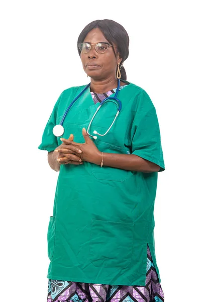 Female Nurse Stethoscope Standing White Background Looking Camera Thoughtful Expression — Stock Photo, Image