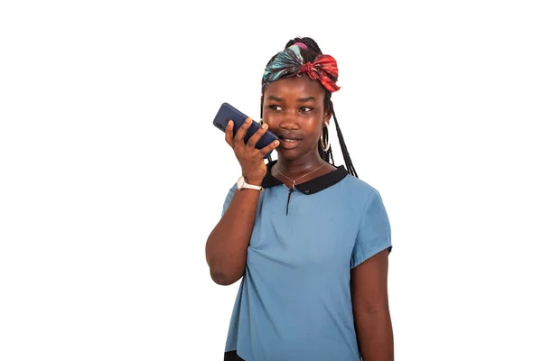 Uma Bela Menina Vestido Sobre Fundo Branco Falando Telefone Móvel — Fotografia de Stock