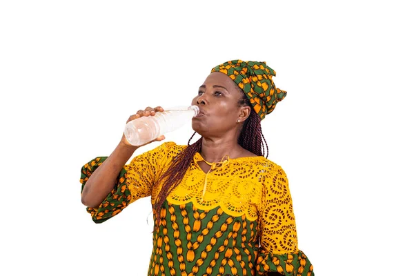 Mature Beautiful Woman Traditional Dress Standing White Background Drinking Water — Stock Photo, Image