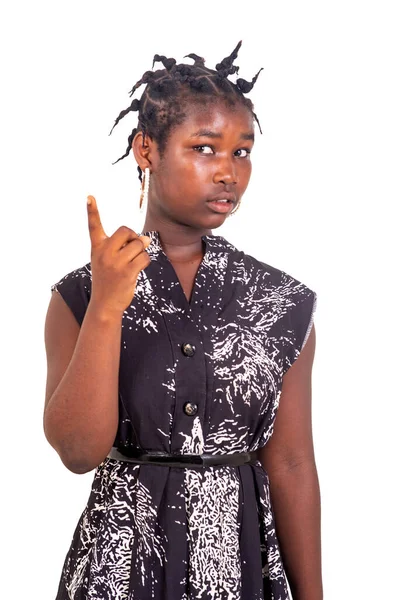 Young Girl Dress Standing White Background Showing Warning Gesture Finger — Stock Photo, Image