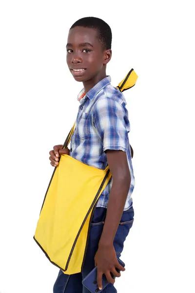 Teenager Shirt Standing White Background Carrying Bag His Shoulder Holding Stock Picture