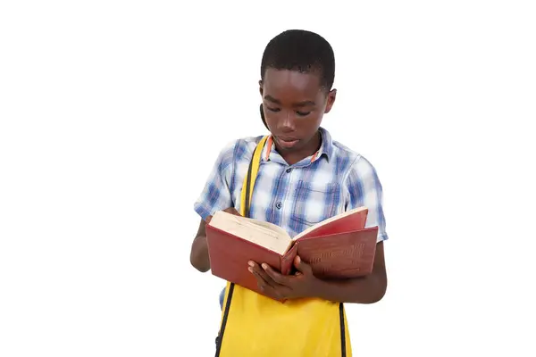 Beyaz Arka Planda Duran Gömlekli Bir Genç Kitap Okuyor Stok Fotoğraf