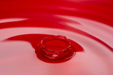 Düşen bir su damlasından suyun üzerindeki dairelerin fotoğrafı. Kırmızı soyut arka plan. Yüksek kalite fotoğraf