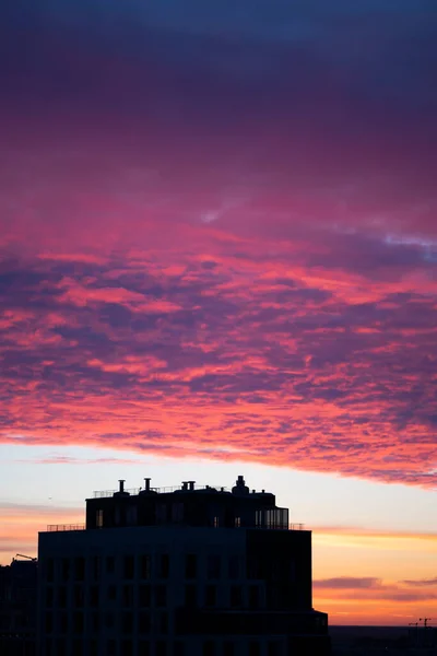 Pink clouds at sunset. Urban landscape. Beautiful sky of Astana. High quality photo