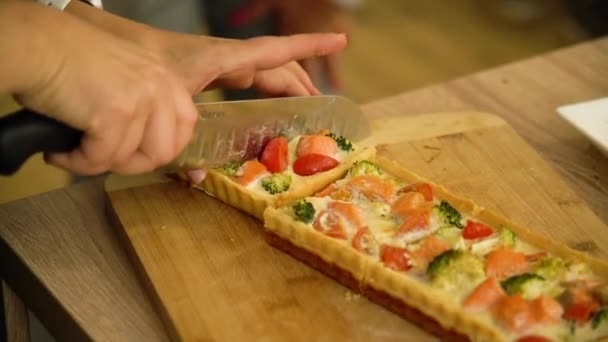Cooking Quiche Salmon Broccoli Woman Cuts Ready Made Pie Fish — Stock Video
