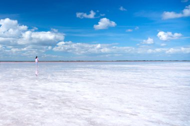 Bursol pembe gölü. Bulutlar açık pembe suya yansıyor. Ekran koruyucu, duvar kağıdı, kartpostal için arka plan. Yüksek kalite fotoğraf