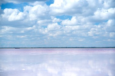 Bursol pembe gölü. Bulutlar açık pembe suya yansıyor. Ekran koruyucu, duvar kağıdı, kartpostal için arka plan. Yüksek kalite fotoğraf