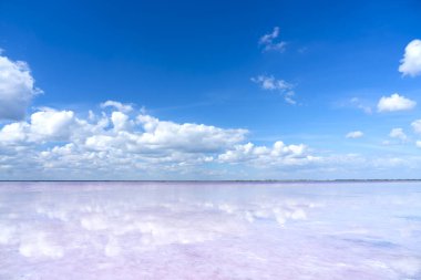 Bursol pembe gölü. Bulutlar açık pembe suya yansıyor. Ekran koruyucu, duvar kağıdı, kartpostal için arka plan. Yüksek kalite fotoğraf