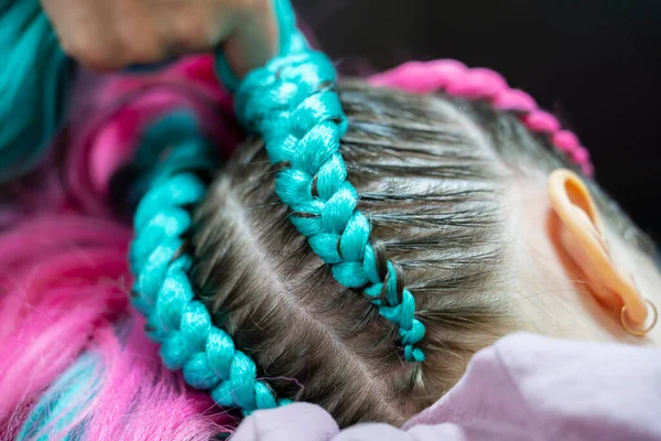用粉色和蓝色卡耐卡隆辫子做的女孩的时髦发型 理发师在后脑勺上编织辫子 回学校去Braid工作室 高质量的照片 — 图库照片