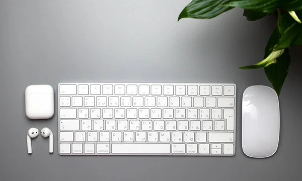 Wireless keyboard, mouse and headphones in white on a gray background. English-Russian letter layout. High quality photo
