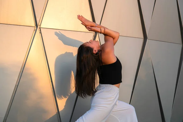 Jonge Aziatische Vrouw Die Overdag Yoga Beoefent Met Uitzicht Stad — Stockfoto