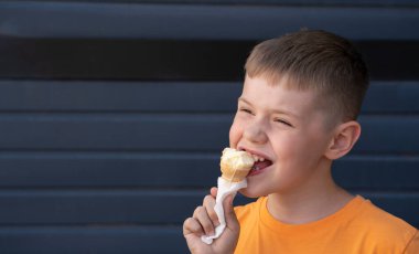 Sekiz yaşında sarışın bir çocuk waffle kabında dondurma yiyor. Yüksek kalite fotoğraf
