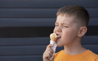 Sekiz yaşında sarışın bir çocuk waffle kabında dondurma yiyor. Yüksek kalite fotoğraf