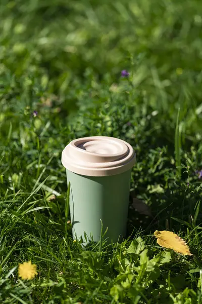 Thermo glass, thermo mug on green grass. Concept: less plastic, sustainable, recyclable. High quality photo