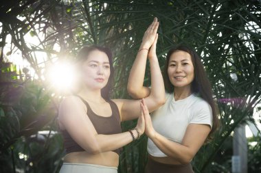 Asyalı kızlar tropik ağaçların arka planında yoga asanası yapıyorlar. Yüksek kalite fotoğraf