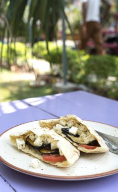 Patlıcan, domates ve tofulu vejetaryen pide. Yüksek kalite fotoğraf