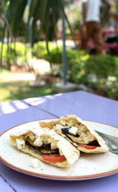 Patlıcan, domates ve tofulu vejetaryen pide. Yüksek kalite fotoğraf