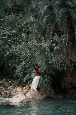 Hindistan, Gizli Şelale. Asyalı bir kız tropiklerin arka planına karşı. Çok kaliteli bir fotoğraf.