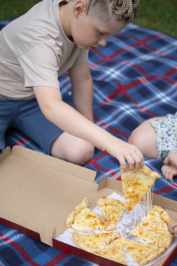 10 yaşında bir çocuk pizza yer. Parktaki çimlerin üzerinde piknik. Yüksek kalite fotoğraf