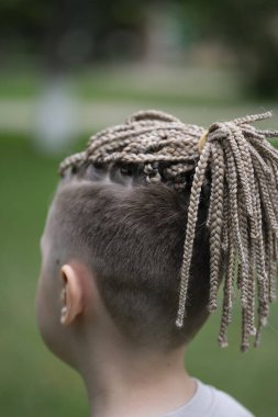 Kafasında Afrika örgüleri olan 10 yaşında bir oğlan çocuğu. Yaz yeşili arka plan. Yüksek kalite fotoğraf