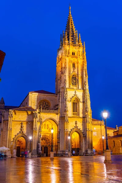 西班牙奥维耶多圣萨尔瓦多大教堂的夜景 — 图库照片