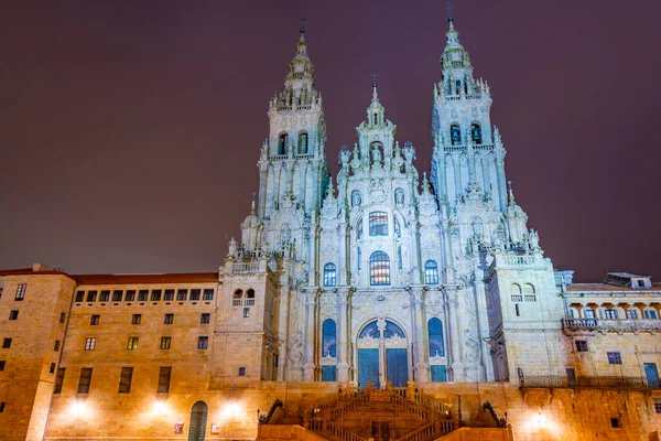 Night view of the Cathedral of Santiago de Compostela in Spain.