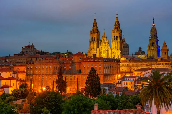 Night panorama view of the Cathedral of Santiago de Compostela in Spain.