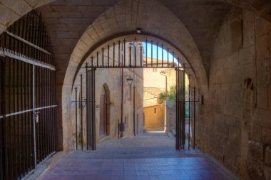 İspanyol köyü Sos del Rey Catolico 'daki Iglesia de San Esteban' ın kubbeli girişi..