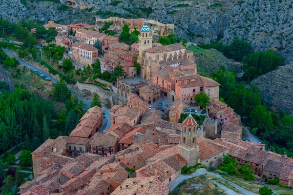 stock image Sunset panorama view of Spanish town Albarracin.