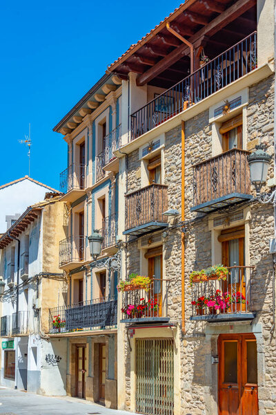 Colorful facades of houses in Spanish town Jaca.