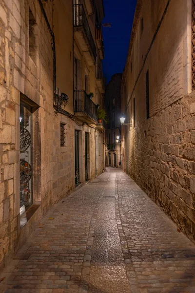 Vista Nocturna Una Calle Medieval Ciudad Española Girona — Foto de Stock