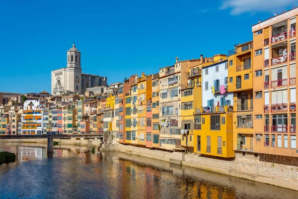 stock image Girona cathedral viewed behind colorful houses, Spain.