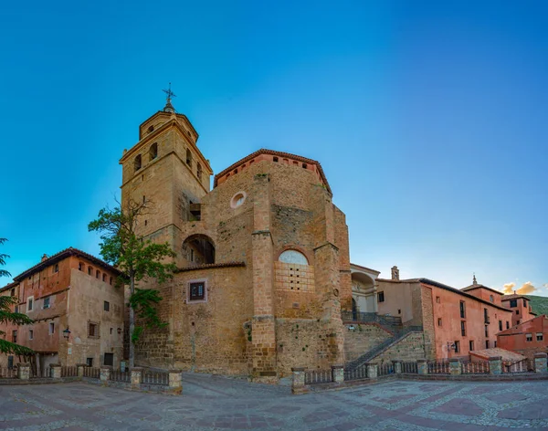 stock image Sunset view of the cathedral of Albarracin in Spain.