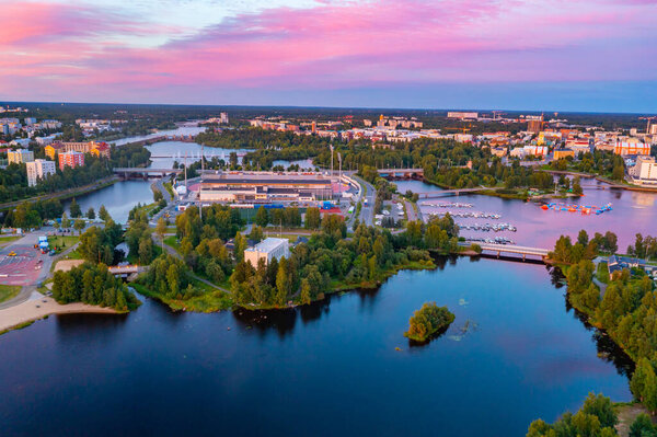 Sunset panorama view of Finnish town Oulu.