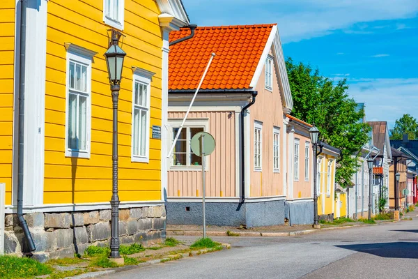 stock image Colorful timber houses in Neristan district of Finnish town Kokkola.