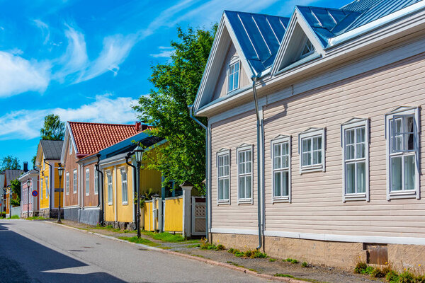 Colorful timber houses in Neristan district of Finnish town Kokkola.