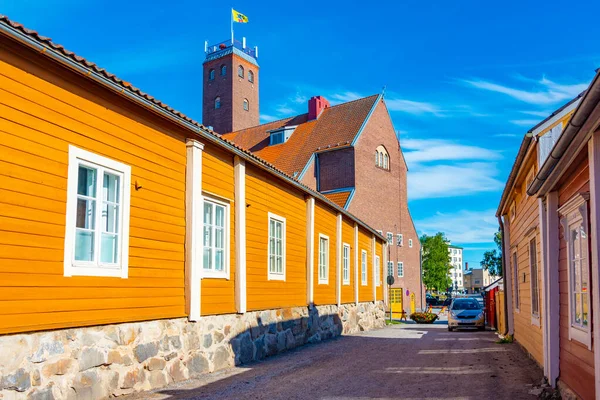 stock image Colorful timber houses in Neristan district of Finnish town Jakobstad.