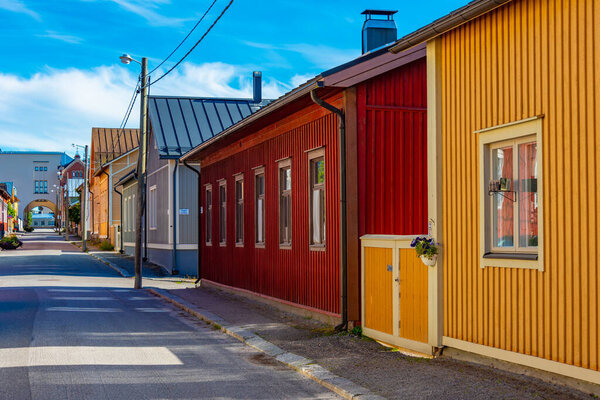 Colorful timber houses in Neristan district of Finnish town Jakobstad.