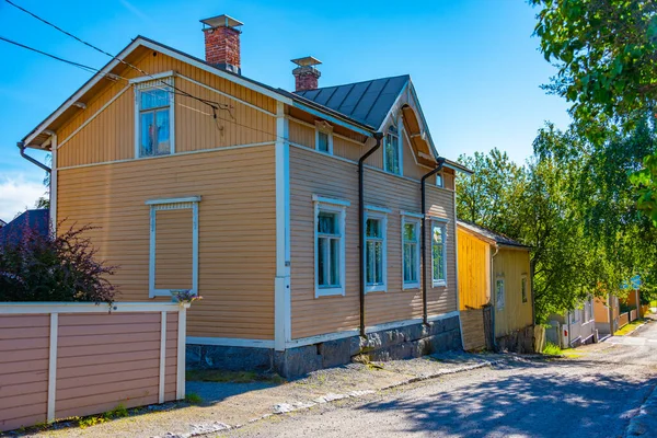 stock image Colorful timber houses in Neristan district of Finnish town Jakobstad.