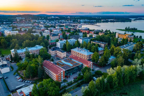 stock image Sunset panorama of center of Finnish town Kuopio.