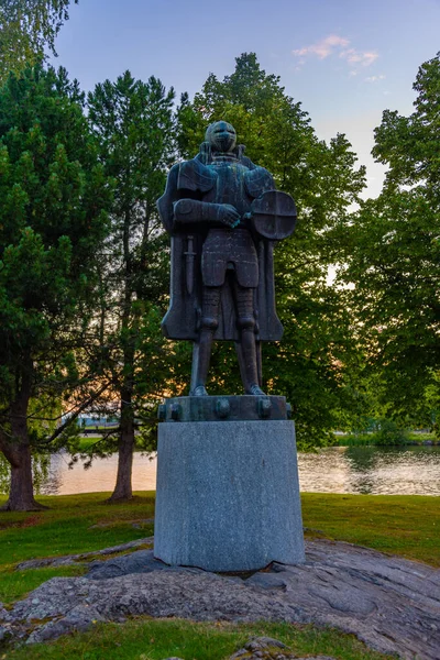 stock image Sunset view of a night statue Olavinlinna castle in Savonlinna, Finland.