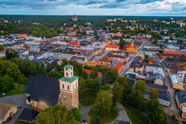 Sunset panorama of the holy cross church and Finnish town Rauma.