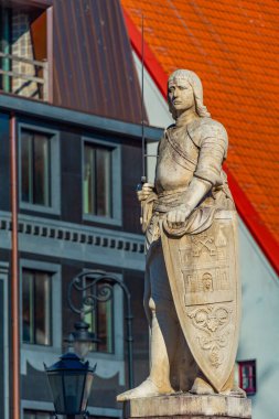 View of a sculpture on the house of blackheads in the Latvian capital Riga..