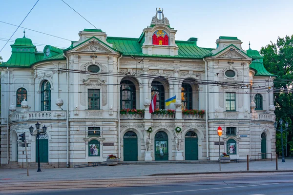 Salida Del Sol Vista Del Teatro Nacional Riga Letonia — Foto de Stock