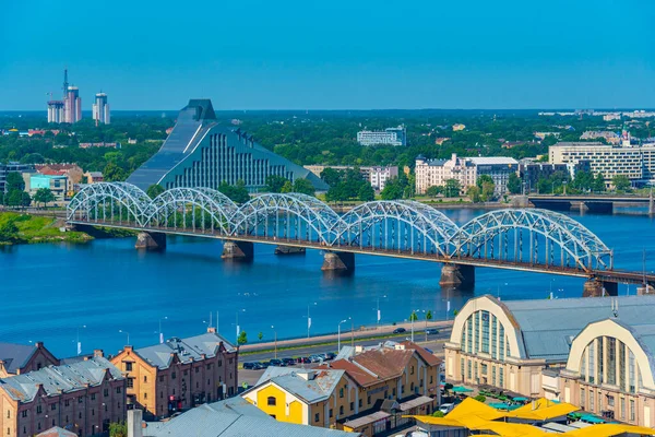 Aerial View Latvian National Library Situated Next Railway Bridge Riga — Stock Photo, Image