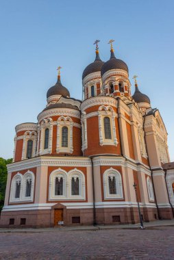 Tallinn, Estonya 'nın Toompea bölgesindeki Alexander Nevski Rus Ortodoks Katedrali' nin gece görüşü.