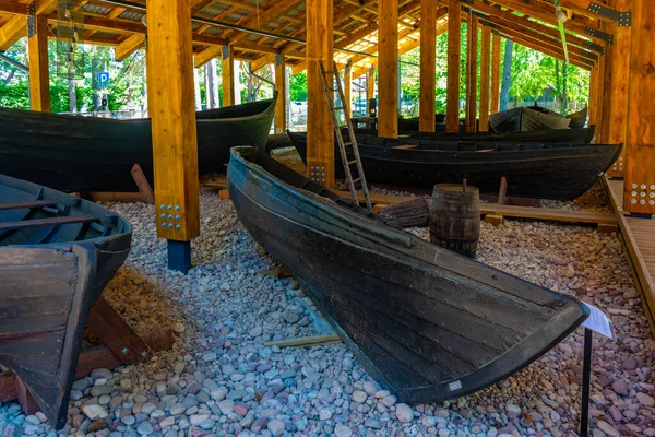 stock image Boat collection at Seaside Open Air Museum in Latvian town Ventspils.