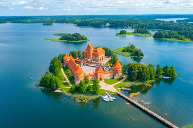 Aerial view of Trakai castle at Galve lake in Lithuania. clipart