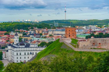 Aerial view of the Gediminas castle with the lithuanian capital vilnius behind it..