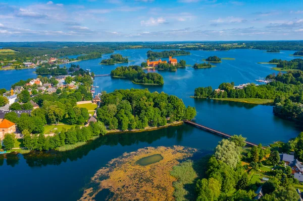 Panorama view of Trakai castle and village at Galve lake in Lithuania.